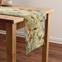 Vintage Butterflies Birds Gold Short Table Runner