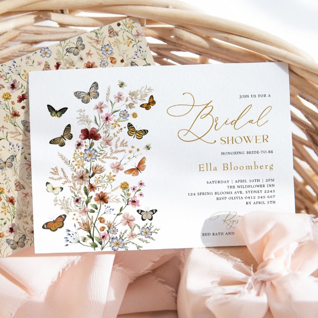 Vintage Butterflies Boho Wildflower Bridal Shower Invitation