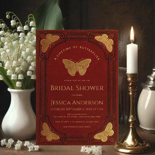 Vintage Butterflies Bridal Shower Red Gold Elegant Invitation