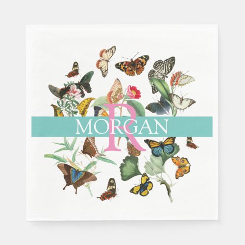 Vintage Butterflies DIY Monogram  Name TealWhite Napkins