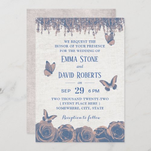 Vintage Butterflies Dusty Blue Floral Wedding Invitation
