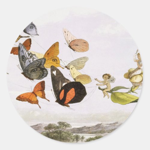 Vintage Butterflies  Fairy Old Illustration Art Classic Round Sticker
