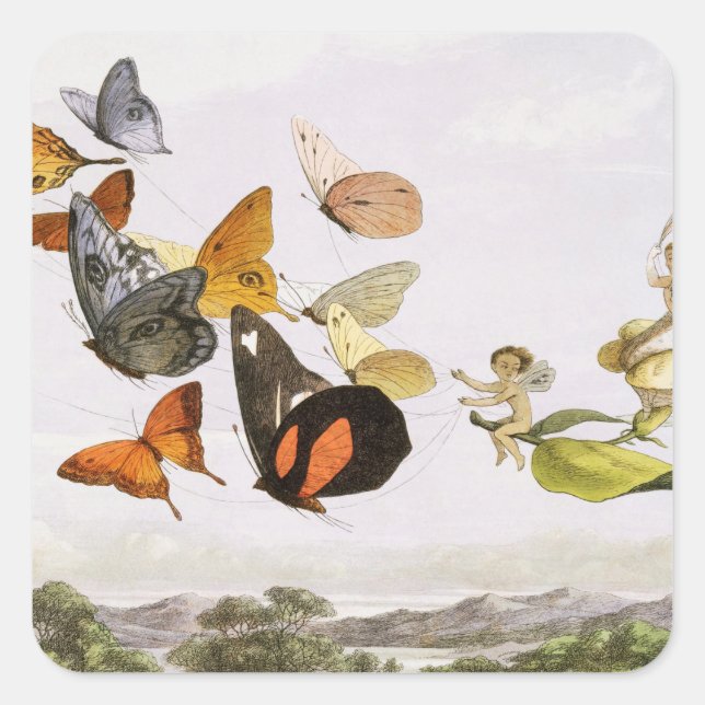 Vintage Butterflies & Fairy Old Illustration Art Square Sticker (Front)