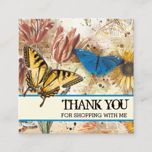 Vintage Butterflies Floral Thank You Logo Square Business Card
