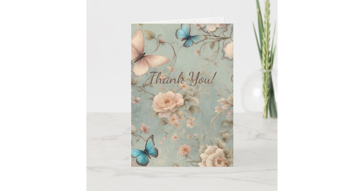 Vintage Butterflies Floral Thank You Wedding Card | Zazzle