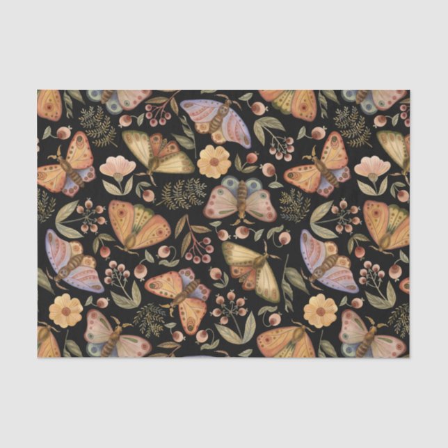 Vintage Butterflies, Flowers and Berries Black Tissue Paper (Front)