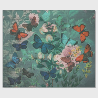 Vintage Butterflies & Flowers Blue Wrapping Paper