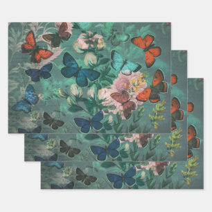 Vintage Butterflies & Flowers Blue Wrapping Paper Sheets