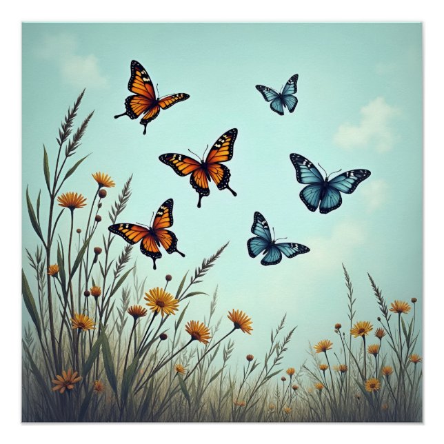 Vintage butterflies in blue poster (Front)