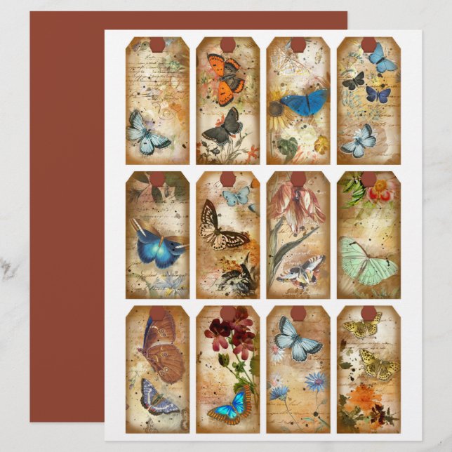 Vintage Butterflies Journal Tags Scrapbook Paper (Front/Back)