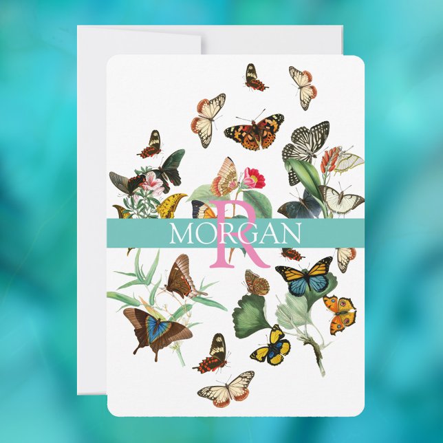 Vintage Butterflies, Monogram, Name & Message Invitation (Creator Uploaded)