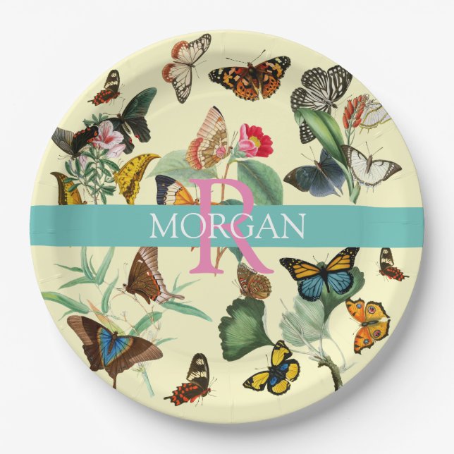 Vintage Butterflies, Monogram & Name, Pale Yellow Paper Plates (Front)