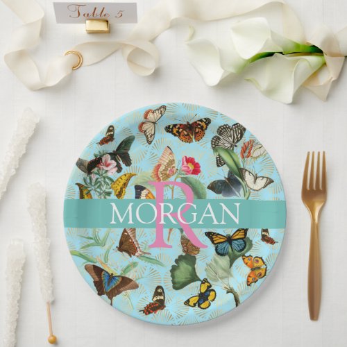 Vintage Butterflies Monogram  Name Teal  Gold Paper Plates