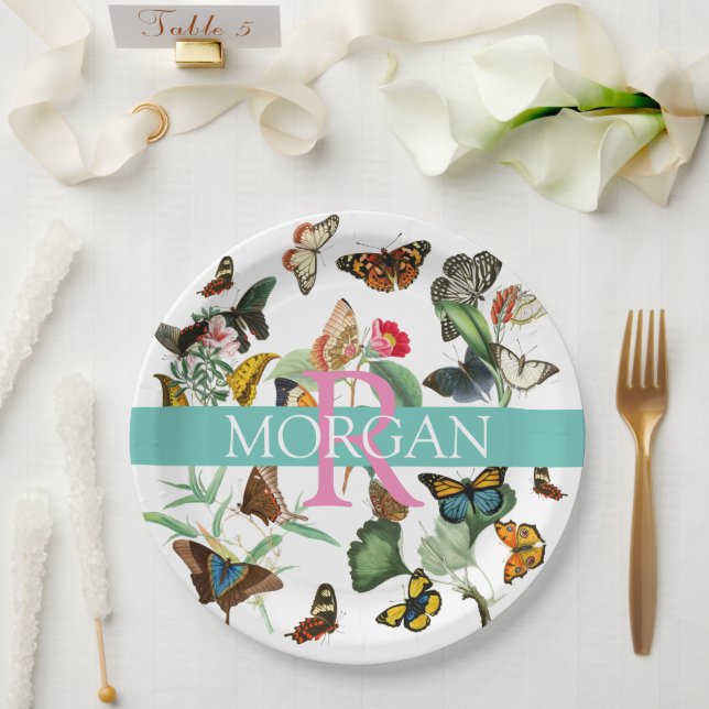 Vintage Butterflies, Monogram & Name, Teal & White Paper Plates (Wedding)