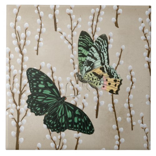 Vintage Butterflies on White Willow Catkins Ceramic Tile