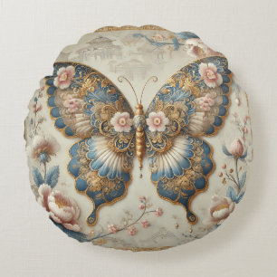 Vintage Butterfly and Floral Chinoiserie Art Round Pillow