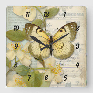 Vintage Butterfly and Flowers Square Wall Clock