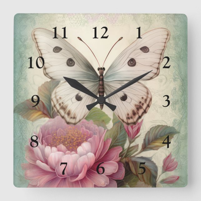 Vintage Butterfly and Flowers Square Wall Clock (Front)