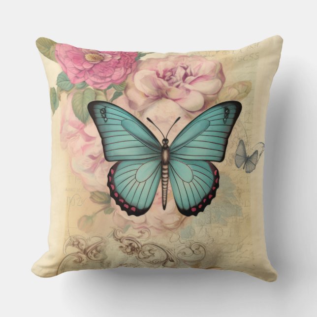 Vintage Butterfly and Flowers Throw Pillow (Front)