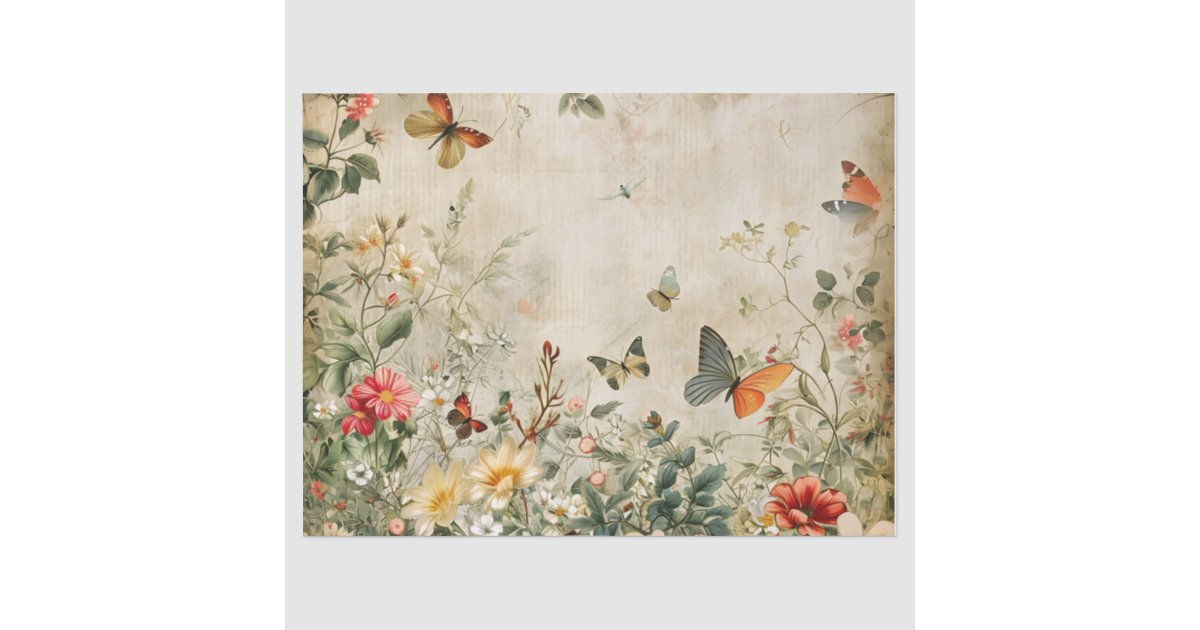 Vintage Butterfly and Flowers Tissue Paper | Zazzle
