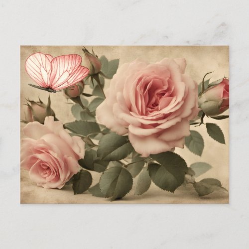 Vintage Butterfly and Pink Roses Decoupage  Postcard