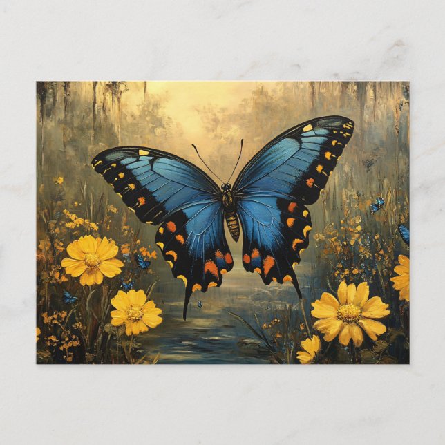 Vintage Butterfly and Yellow Flowers Painting Postcard (Front)