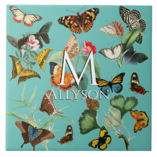 Vintage Butterfly Art, Many Kinds on Teal Ceramic Tile