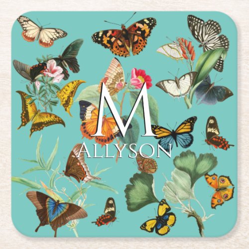 Vintage Butterfly Art Many Kinds on Teal Square Paper Coaster
