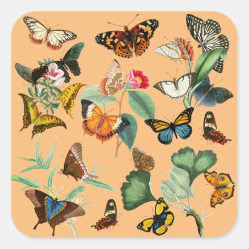 Vintage Butterfly Art Yellow Orange Background Square Sticker