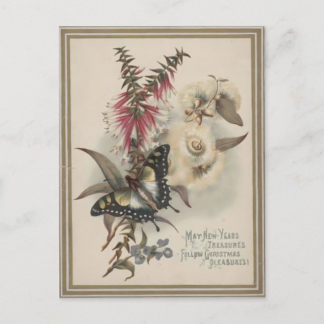 Vintage Butterfly & Australian Flowers Christmas Postcard (Front)