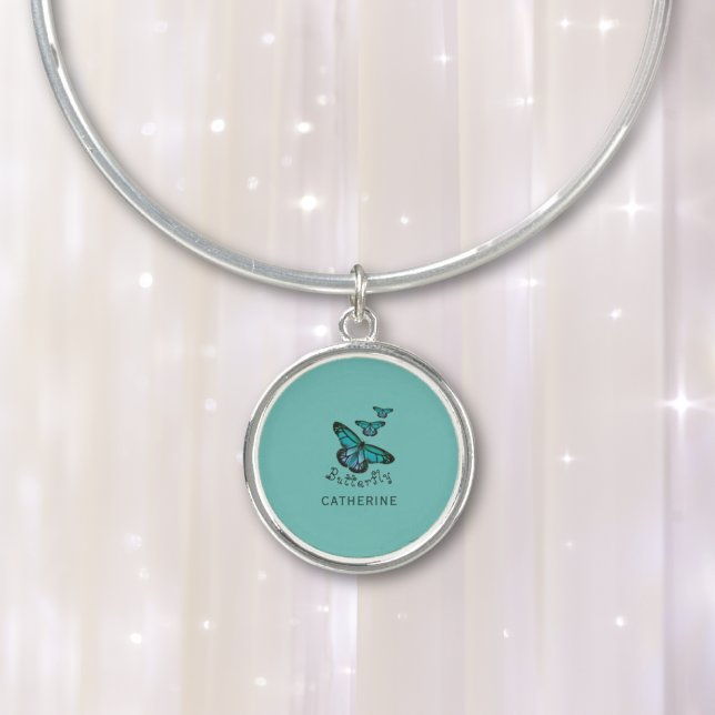 Vintage Butterfly Blue Bracelet With Round Charm (Vintage Blue Personalised Butterfly Necklace.)