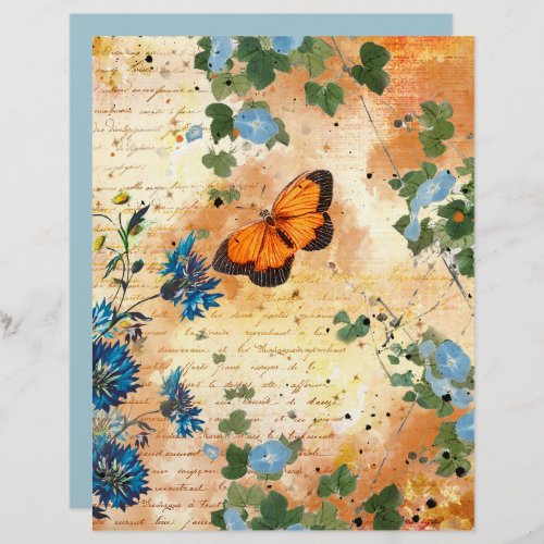 Vintage Butterfly Blue Flowers Scrapbook Paper