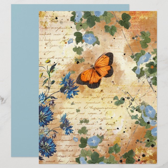 Vintage Butterfly Blue Flowers Scrapbook Paper (Front/Back)