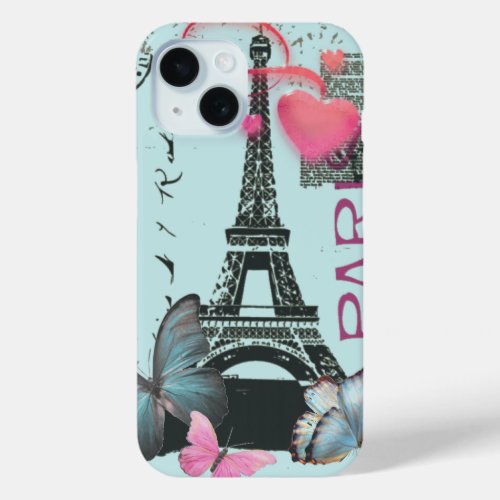 vintage Butterfly blue Paris Effiel Tower iPhone 15 Case