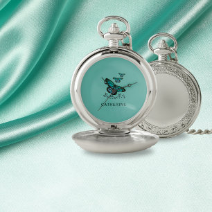 Vintage Butterfly Blue Pocket Watch