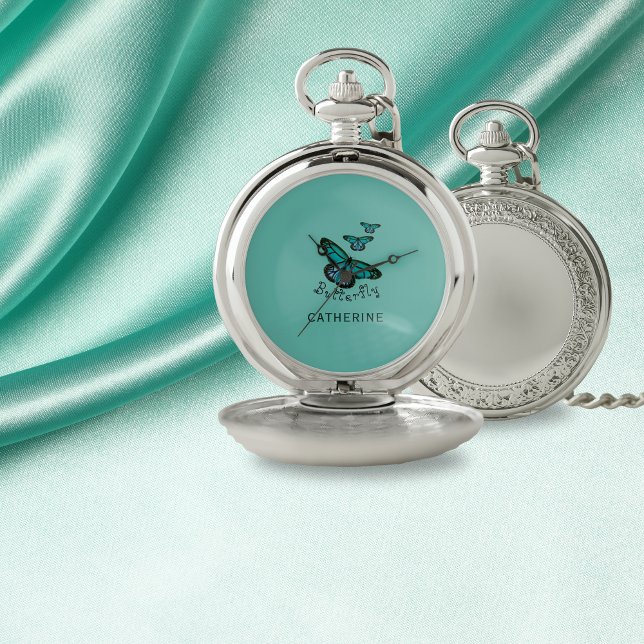 Vintage Butterfly Blue Pocket Watch (Vintage Blue Butterfly Personalised Pocket Watch.)