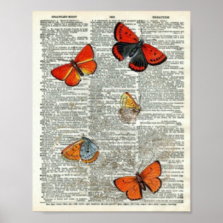 Vintage Butterfly Botanical #11 on Dictionary Page Poster