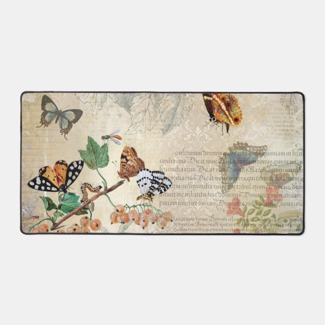 Vintage Butterfly Botanical Ephemera Decoupage Desk Mat (Front)