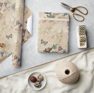 Vintage Butterfly Botanical Ephemera Wrapping Paper