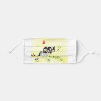 Vintage Butterfly Catching Kitten Adult Cloth Face Mask by Gypsify at Zazzle