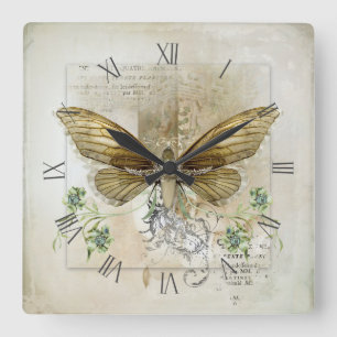 vintage butterfly collage square wall clock