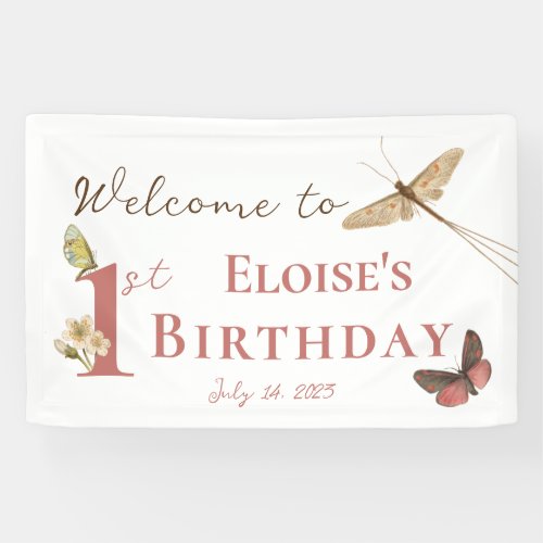 Vintage Butterfly Custom Name 1st Birthday Girl Banner