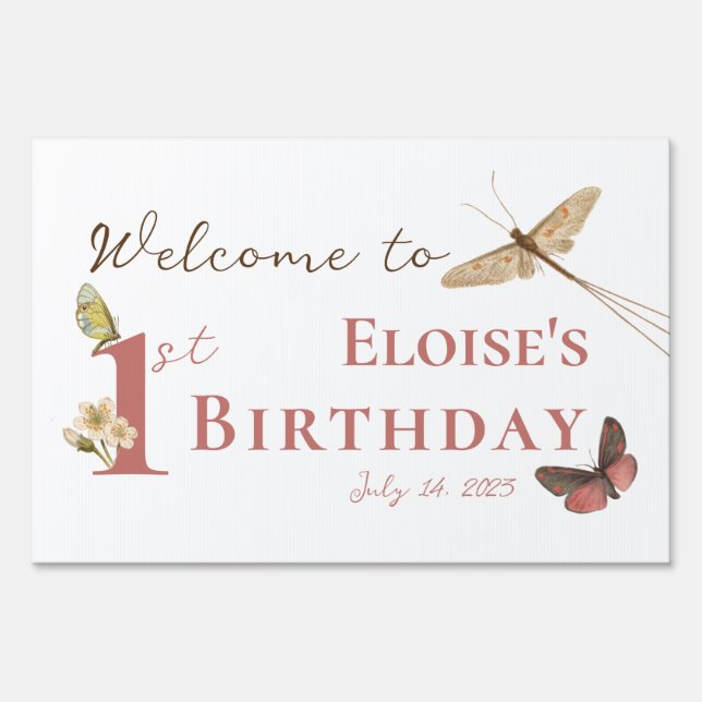 Vintage Butterfly Custom Name 1st Birthday Girl  Sign (Back)