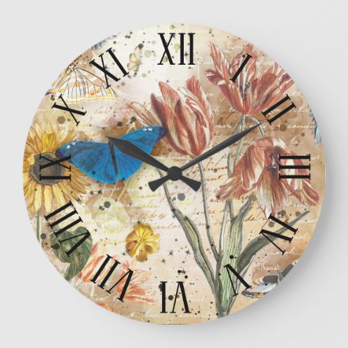 Vintage Butterfly Floral Decoupage Large Clock