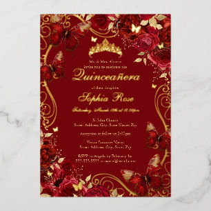 Vintage Butterfly Floral Gold Red Quinceanera Foil Invitation