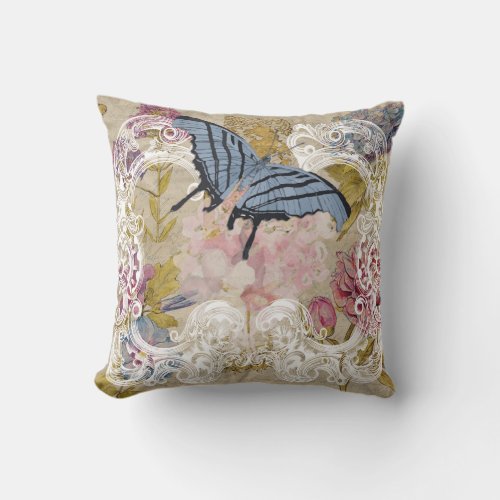 Vintage Butterfly Floral Romantic Collage Throw Pillow