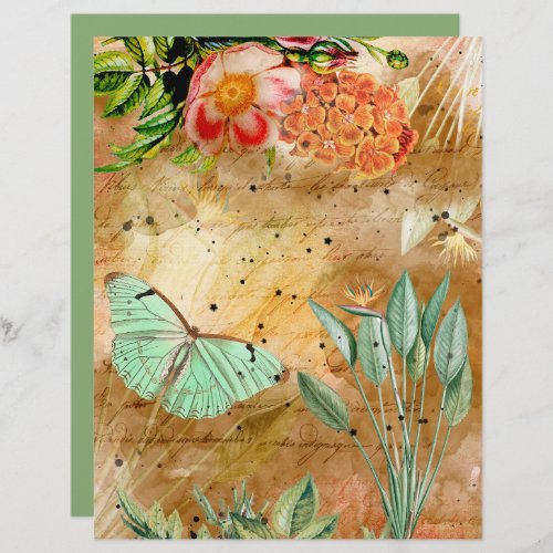 Vintage Butterfly Flowers Foliage Scrapbook Paper