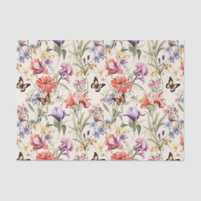 Vintage Butterfly Garden Flowers Decoupage Tissue Paper (Front)