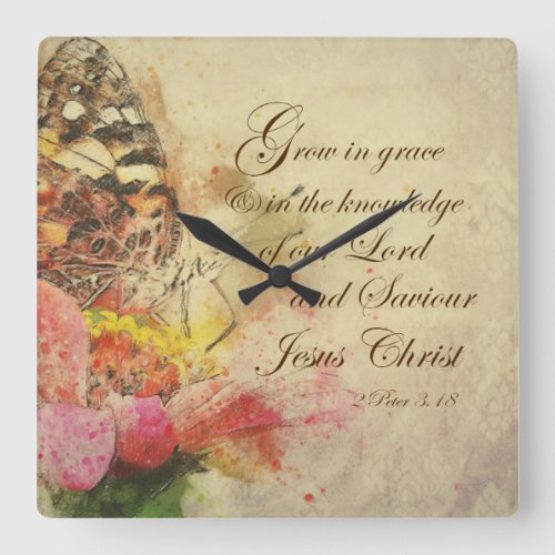 Vintage Butterfly Grow in Grace Bible Verse Square Wall Clock
