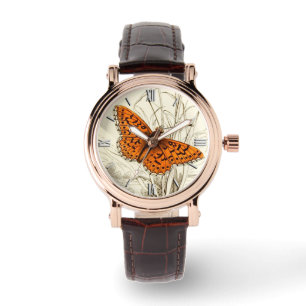Vintage Butterfly Illustration, Deep Orange Watch